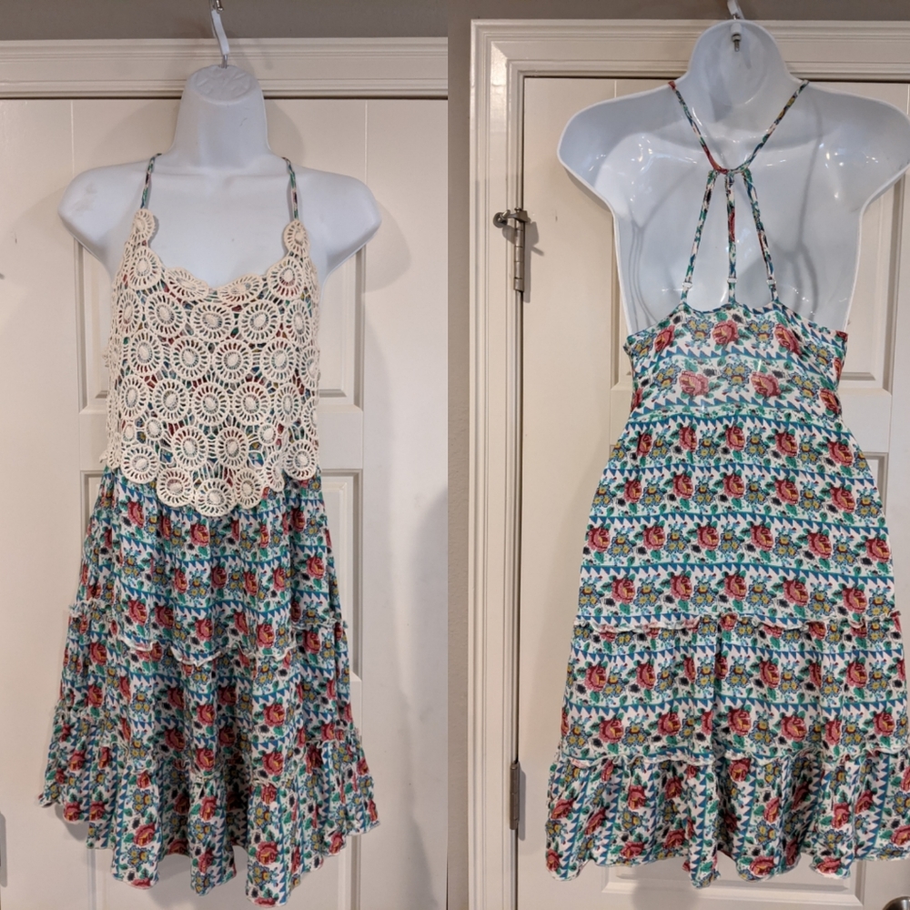 Boho Floral Strappy Summer Dress with Crochet Overlay